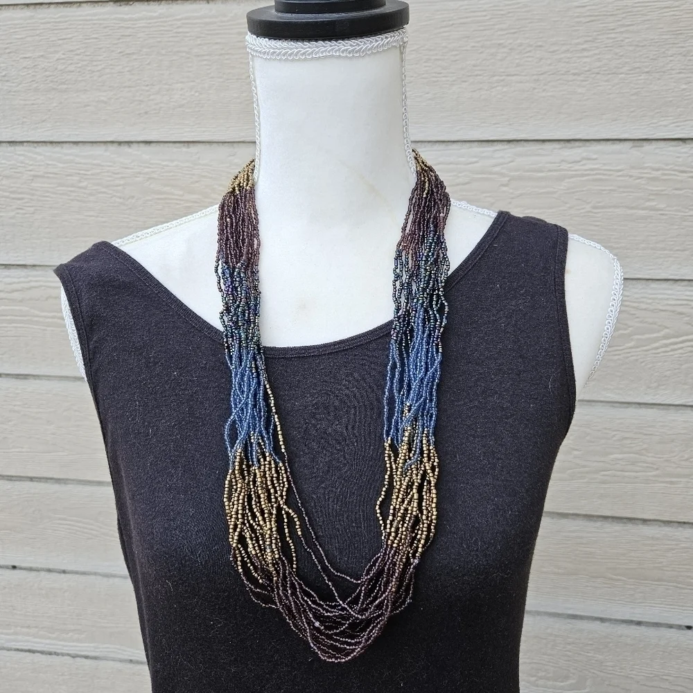 long multi-strand seed bead necklace gold blue purple